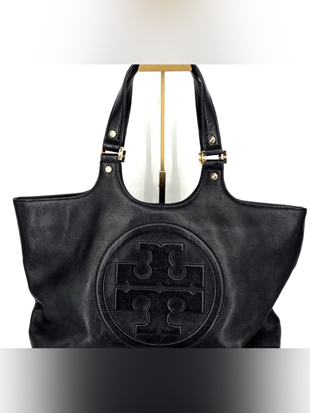 Tory Burch Amanda Classic Black Leather Embossed Logo Tote with Gold Hardware